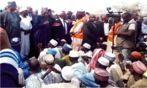 L-R: Senate President Bukola Saraki, Senator Ali Ndume and Governor Kashim Shettima of Borno State, addressing Internally Displaced Persons (idps), during their visit to idps camp in Maiduguri, recently.