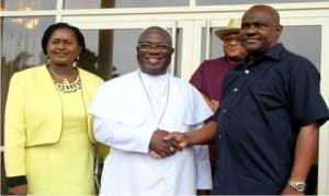 Rivers State Governor, Chief Nyesom Wike (right), in a handshake with Prelate of Methodist Church Nigeria, Dr. Samuel Kanu Uche, during the Prelate’s visit to Government House, Port Harcourt, recently. With them is Deputy Governor of the State, Dr. Ipalibo Harry-Banigo.