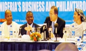 L-R: Special Representative of the un Secretary-General for West Africa, Mohamed ine Chambas, President, Dangote Group, Aliko Dangote, Secretary-General of the un, Ban Ki-Moon, and the Special Adviser on Post-2015 Development Planning to the un Secretary-General, Amina Mohammed, during the Secretary-General's meeting with Nigeria's business and philanthropy leaders in Abuja on Monday.
