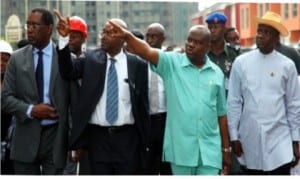 Governor Nyesom Wike of Rivers State (2nd right), inspecting the Rainbow Town housing project in Port Harcourt recently. With him are Commissioner for Housing, Barrister Emma Okah (right), Attorney-General and Commissioner for Justice, Mr. Emma Aguma (left) and Mr. Chima Uche (2nd left).