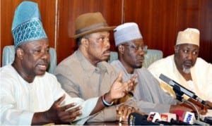 L-R: Governor Ebikunle Amosu of Ogun State, Governor Willie Obiano of Anambra State, Governor Abdulfatah Ahmed of Kwara State and Governor Abubakar Badar of Jigawa State, briefing State House correspondents after  the National Economic Council meeting at the Presidential Villa in Abuja last Thursday 