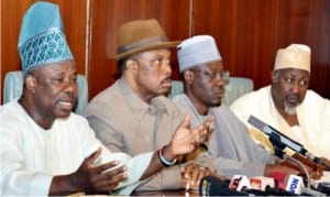 L-R: Governor Ebikunle Amosu of Ogun State, Governor Willie Obiano of Anambra State, Governor Abdulfatah Ahmed of Kwara State and Governor Abubakar Badar of Jigawa State, briefing State House correspondents after the National Economic Council meeting at the Presidential Villa in Abuja last Thursday