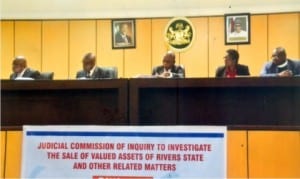 Flashback: Monday’s sitting in Port Harcourt of the Judicial Commission of Inquiry to investigate the sale of valued assets of Rivers State and other related matters. Middle is Chairman of the Commission, Justice George Omereji
