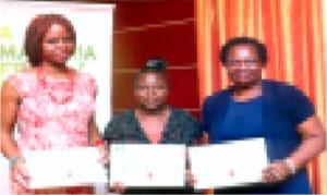 The recipients of 2014/2015 Excellence Award for Malaria Reporting: Television Category, Linda Nengi Fynecountry (left), Print Category, Mrs Appolonia Adeyemi (middle) and Radio Category, Mrs Tosin Odusola, during an Excellence Award ceremony in Lagos last Thursday       Photo: Sogbeba Dokubo