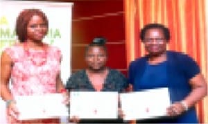 The recipients of 2014/2015 Excellence Award for Malaria Reporting: Television Category, Linda Nengi Fynecountry (left), Print Category, Mrs Appolonia Adeyemi (middle) and Radio Category, Mrs Tosin Odusola, during an Excellence Award ceremony in Lagos last Thursday Photo: Sogbeba Dokubo
