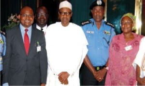 L-R: Permanent Secretary, Ministry of Police Affairs, Dr James Obiegbu, President Muhammadu Buhari, inspector general of Police, Mr.  Solomon Arase and other officials, after briefing  President Buhari at the Presidential Villa in Abuja, recently.