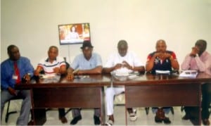 Members of Local Organising Committee (LOC) of Sports Writers Association of Nigeria (SWAN),  Rivers State chapter, during a press briefing on the association’s 2015 National Full Council Meeting in Port Harcourt on Monday. From right to left are the Secretary, Olaleka Ige, Publicity Secretary, Gabriel Nwanetanya, Chairman, Honour Sirawoo, Chairman, Venue/Protocol Committee, Udede Jim-Opiki, Chairman, Transport Commitee, Anderson Hart and Chairman, Contact/Security Committee, Mike Mbonye             Photo: Chris Monyanaga