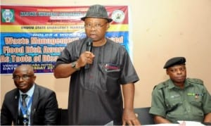 L-R: Representatives of the Director-General, National Emergency Management Agency (Nema), Mr Major Eze, Enugu State Government, Chief Joe Offor and General Officer Commanding, 82 Divisional Nigerian Army, Maj. Etim Ukpanyang, during an awareness seminar on waste management and flood disaster in Enugu yesterday