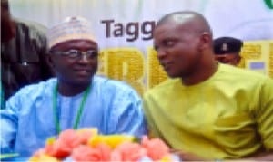 Representative of the Governor of Rivers State and Commissioner for Housing, Barrister  Emma Okah (right), with  National President, Sports Writers Association of Nigeria (SWAN), Mallam Saidu Abubakar, during the National Full Council Meeting of the union in Port Harcourt, yesterday.          Photo: Chris Monyanago