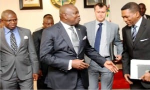 L-R: Programme Manager, Department for International Development (DFID) in Nigeria, Mr Peters Ugwuoke,  Governor Akinwumi Ambode of Lagos, Head of DFID office in Nigeria, Mr Ben Mellor and the South-West Regional Coordinator, DFID, Mr Sina Fagbenro-byron, during Mellor's visit to Governor Ambode in Lagos on Tuesday.