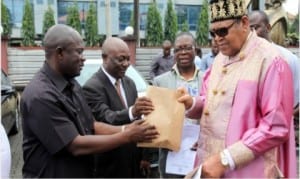 Governor Nyesom Wike of Rivers State represented by Chief of Staff, Government House, Port Harcourt, Engr Emeka Woke (left), and Senior Special Assistant to the  Governor on Protocol, Mr Joe Akpa, handing over keys of brand new Toyota cars to Amayanabo of Opobo Kingdom and Chairman,  Rivers State Council  of Traditional Rulers , King Dandeson Jaja in Port Harcourt,yesterday 