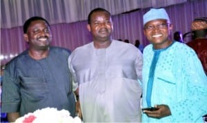 L-R: Special Adviser, Media and Publicity to President Muhammadu Buhari, Mr Femi Adesina,Managing Director, News Agency of Nigeria (Nan), Mr Ima Niboro and Senior Special Assistant to President Buhari on Media and Publicity, Garba Shehu,  during a Guild of Editors' Dinner in honour of  two media icons, Femi Adesina and Garba Shehu in Abuja recently