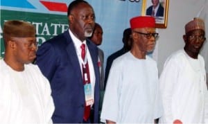 L-R: APC Deputy National Chairman, South, Mr Segun Oni, National Auditor, Dr George Moghalu, APC National Chairman, Chief John Oyegun and Deputy National Chairman, North, Alhaji Lawan Shuaibu, during the APC National and State Auditors Workshop in Abuja, yesterday