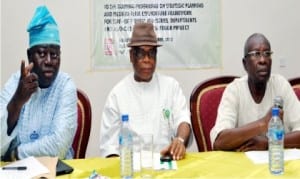 L-R: Director, Macro-Economic Analysis, National Planning Commission, Mr Tunde Lawal, representative of the Executive Secretary, National Planning Commission (NPC), Mr Chris Ezeilo and Former Statistician-General of the Federation, Prof. Akin Akinyosoye, at the NPC training on Strategic Planning Budgeting and Medium Term Expenditure Framework for officials of the commmission and Selected Federal Ministries, Departments and Agencies in Abuja on Friday.                      Photo: NAN