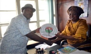 Rivers State Chairman of AUPCTRE, Comrade Henry Urombo, presenting a gift to the Director, Administration, Rivers State Newspaper Corporation, Mrs Emi Jameson, during the inauguration of The Tide Unit Exco in Port Harcourt on Friday. Photo: Nwiueh Donatus Ken