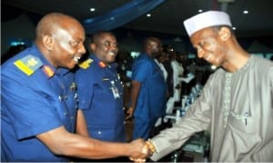 Commandant, Air Force Institute of Technology, Air Commodore Musibau Soladoye (left), receiving Executive Secretary, Tertiary Education Fund (Tetfund), Prof. Suleiman Bogoro, at the 44th Air Force Institute of Technology Convocation Lecture in Kaduna, recently.         Photo: NAN