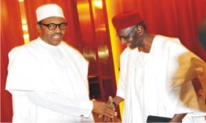 President Muhammadu Buhari (left), welcoming his new Chief of Staff, Alhaji Abbah Kyari, at the Presidential Villa in Abuja on Thursday