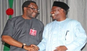 Deputy President, Nigerian Guild of Editors, Mr Steve Ayorinde (left) and the new President of the Guild, Malam Garba Muhammed, at the 12th All Nigerian Editors Conference in Yenagoa on Thursday. Photo: NAN