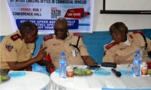 Sector Commander, Federal Road Safety Commission (FRSC), A.A Kumapayi (left), exchanging pleasantry with Zonal Commanding Officer, RSG HQ, B. Darwang (middle), during a 3rd quarter stakeholders/ Fleet Operation Forum at the command’s head quarters in Port Harcourt. With them is Section Head of Operation, Mrs R.N Monyei