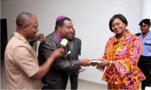 Rivers State Deputy Governor, Dr. Ipalibo Harry Banigo, receiving a bible translated in local languages from National Board member of the Bible Society of Nigeria, Most Rev. Dr. John Fineface, during a courtesy visit to the Deputy Governor in Port Harcourt recently. With them is the 1st Vice Chairman, Mr. Ayotamuno Omoni (left)