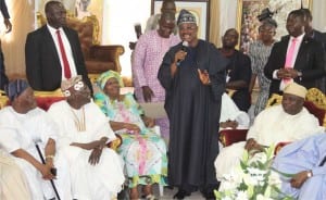 Former Interim Chairman of All Progressives Congress Party (APC), Chief Bisi Akande, APC Chieftain, Asiwaju Bola Tinubu, daughter of late H.I.D Awolowo, Rev. Tola Oyediran, Governor Abiola Ajimobi of Oyo State and Governor Akinwunmi Ambode of Lagos State, during a condolence visit to the late Chief Obafemi Awolowo’s family at Ikene in Ogun State on Sunday.