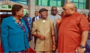 Rivers State Deputy Governor, Dr (Mrs) Ipalibo Harry Banigo, with Secretary to theState Government, Chief  Kenneth Kobani (right) and Chairman, Rivers State Civil Service Commission, Chief Chris Onyiri, during the Civil Service Week celebration in Port Harcourt, yesterday.Photo: Chris Monyanaga