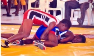 Female wrestlers in contest at a past National Schools Sports festival.             Photo: Chris Monyanaga