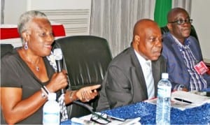 L-R: Former Head of Political Desk, Guardian Newspaper, Mrs Dupe Ajayi-Gbadebo, former Editor, Newswatch Magazine, Mr Ray Epku and former President, Nigerian Guild of Editors, Mr Gbanga Adefaye, at the 12th All Nigerian Editors Conference in Yenagoa recently. Photo: NAN