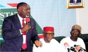 L-R: APC National Auditor, Dr George Moghalu, National Chairman, Chief John Oyegun and Deputy National Chairman, North, Alhaji Lawan Shuaibu, at the APC’s National and State Auditors’ workshop in Abuja recently.        Photo: NAN