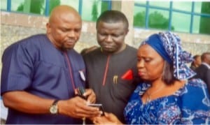 Rivers State Commissioner for Agriculture, Mrs Onimim Jacks (right),  with her Finance counterpart,  Dr Fred Kpakol (middle) and fromer Commissioner for Sports, Hon. Boma Iyaye,  during the 2015 Rivers State Civil Service Day celebration in Port Harcourt on Tuesday                   Photo: Chris  Monyanaga