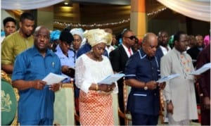 L-R:Rivers State Governor, Nyesom Ezenwo Wike, Deputy Governor, Dr Ipalibo Banigo, National Chairman of PDP, Prince Uche Secondus and Rivers State Speaker of House of Assembly, Rt. Hon. Ikunyi Owaji Ibani, singing praises during the interdenominational church service to mark Governor Wike's 100 days in office at Obi Wali International Conference Centre, Port Harcourt, yesterday.