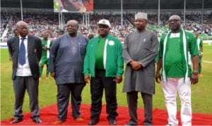 Governor Nyesom Wike (middle), with Sole Administrator, RIWAMA, Bro Felix Obuah (right) and NFF officials, during the match between Nigeria and Congo in Port Harcourt  				                 Photo: Nwiueh Donatus Ken