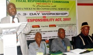 L-R: Acting Chairman, Fiscal Responsibility Commission (FRC), Mr Victor Muraako, representative of Nigeria Customs Service, Mr Lawan Ahmed, Chairman of Taraba FRC, Mr Benjamin Ibisu  and Acting Head, Directorate of Legal, Investigation and Enforcement of FRC, Mr Charles Abana, during a workshop on Fiscal Responsibility Act 2007  in Abuja, yesterday