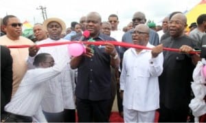 Governor Nyesom Wike of Rivers State (middle), Senator George Sekibo (2nd left), Hon Chisom Promise Dike (left), Sole Administrator of Grater Port Harcourt, Ambassador Desmond Akawor (right) and CTC Chairman of Oyigbo LGA, Hon. Nnamdi Ihute (2nd right), during the commissioning of Oyigbo Market Road in Oyigbo recently.     