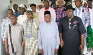 The Peoples Democratic Party (PDP) Governors Forum met in Yenagoa, the Bayelsa State capital, yesterday after which members, paid a solidarity visit to former President Goodluck Jonathan at his country home, Otuoke. Standing  From left to right front row are Rivers State Governor, Chief Nyesom Wike, Forum Chairman, Olusegun Mimiko , former President Goodluck Jonathan and Governor Seriake Dickson of Bayesa State.