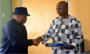 Permanent Secretary, Ministry of Information and COmmunications, Mr Sam Woka (right), in a hand shake with Vice President, ECOWAS Community Court of Justice, Hon Justice Chijioke Friday, during a courtesy call to the ministry in Port Harcourt yesterday.              		      Photo: Ibioye Diama