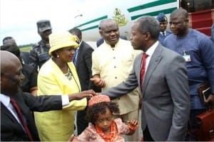 Vice President Yemi Osinbajo (2nd right), being received by Governor Nyesom Wike of Rivers State (middle), his Deputy, Dr (Mrs) Ipalibo Harry Banigo (2nd left), during the Vice President’s visit to the State, recently.