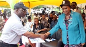  Rivers State Chairman, Nigeria Union of Teachers, Comrade Nkpogone Dumnaatah Lucky (left), welcoming Rivers State Deputy Governor, Dr. (Mrs) Ipalibo Harry-Banigo, to the 2015 World Teachers Day celebration at Isaac Boro Park, Port Harcourt on Monday