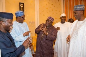 L-R: Vice-President, Yemi Osinbajo, President Muhammadu Buhari; Senator representing FCT, Senator Philip Aduda, Speaker, House of Representatives, Yakubu Dogara and Senate President, Bukola Saraki, during a meeting of  President Buhari with leadership of the National Assembly at the Presidential Villa Abuja on Wednesday.