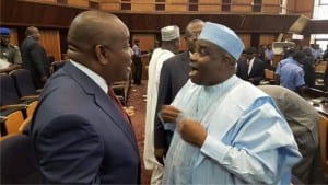 Governor of Rivers State, Chief Nyesom Wike (left), exchanging pleasantries with his Sokoto State counterpart, Alhaji Aminu Tambuwal at the Body of Benchers meeting at the Supreme Court Complex,  Abuja, on Monday.