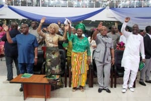 L-R: Rivers State Governor, Chief Nyesom Wike, his wife, Justice, Eberechi Suzette Wike,  Deputy Governor, Dr. (Mrs) Ipalibo Harry Banigo, National Acting Chairman, PDP, Prince Uche Secondus and Sole Administrator, Rivers State Waste Management Agency (RIWAMA), Bro Felix Obuah, in a worship mood, during the solidarity state thanksgiving service at Obi Wali International Conference Centre, Port Harcourt, yesterday.