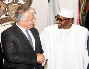 President Muhammadu Buhari (right), in a handshake with the Hungarian Deputy Prime Minister, Dr Semjem Zsolf at the Presidential Villa in Abuja on Friday.