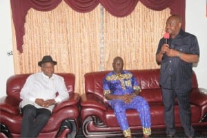 Rivers State Governor, Chief Nyesom Wike (right), condoling the family of Elder Lawrence Amadi (chief mourner) (middle), during the burial ceremony of late Mrs Eunice Ada Akure Amadi of Ozuoba in Obio/Akpor LGA on Saturday. With them is former Deputy Speaker, House of Representatives, Hon. Austine Opara .