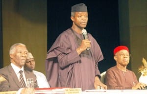 L-R: Former President of South Africa, Dr Thabo Mbeki, Vice President Yemi Osinbajo and President, Manufacturers Association of Nigeria (MAN), Dr Frank Jacobs, at MAN's 43rd  Annual General Meeting in Lagos on Wednesday