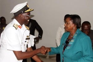 Rivers State  Deputy Governor, Dr. (Mrs) Ipalibo Harry-Banigo, in a handshake with the Flag Officer Commanding (FOC) Eastern Naval Command, Rear Admiral Atiku Abdulkadir, during a courtesy visit to Government House, Port Harcourt, recently.