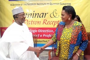 President, Nigerian Institute of Quantity Surveyors (NIQS), Alhaji Murtala Aliyu, welcoming the Rivers State Deputy Governor, Dr. (Mrs) Ipalibo Harry-Banigo, to a seminar organised by the Women Association of Quantity Surveyors of Nigeria (WAQSN) in Port Harcourt, recently.