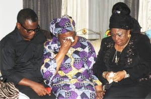 Son of Late Alamieyeseigha, Victor, with Late Alamieyeseigha's widow, Marget (middle) and wife of former President Goodluck Jonathan, Dame Patience Jonathan, during a condolence visit to the  Alamieyeseigha’s  family home  in Port Harcourt  on Tuesday.