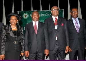 Rivers State Governor, Chief Nyesom Wike (2nd left),  with President of Nigeria Bar Association, Alegeh Augustine (SAN) (2nd right), Acting Chief Judge of Rivers State, Justice Daisy Okocha ( left) and Rivers State Attorney-General and Commissioner for Justice,  Justice Emmanuel Aguma (SAN), during the Nigeria Bar Association’s NEC meeting in Port Harcourt on Wednesday.