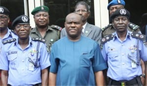 L-R: Assistant Inspector General of Police, Zone 6, Calabar, Mr Baba Adisa Bolanta,  Rivers State Governor, Chief  Nyesom Wike,  Commissioner of Police, Rivers State, Mr Musa Kimo, and others,during the AIG’s courtesy visit to the governor in Port Harcourt on Wednesday