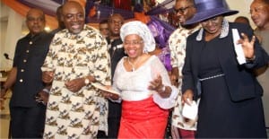  Rivers State Deputy Governor, Dr. (Mrs) Ipalibo Harry-Banigo (right), wife of the former Minister for Transport, Mrs. Alali Sekibo, her husband, Chief Abiye Precious Sekibo (2nd left), and the Acting National Chairman, Peoples Democratic Party (PDP), Prince Uche Secondus, celebrating with the Sekibo’s family, during their thanksgiving service at Wesley Methodist Church, Harbour Road, Port Harcourt on Thursday.